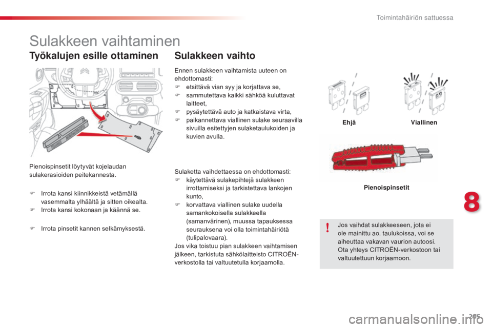 CITROEN C4 CACTUS 2018 Omistajan Käsikirjat (in Finnish) 205
C4-cactus_fi_Chap08_En-cas-de-panne_ed01-2016
Ennen sulakkeen vaihtamista uuteen on
ehdottomasti:
F
e
tsittävä vian syy ja korjattava se,
F
s
ammutettava kaikki sähköä kuluttavat
laitt CITROEN C4 CACTUS 2018 Omistajan Käsikirjat (in Finnish) 205
C4-cactus_fi_Chap08_En-cas-de-panne_ed01-2016
Ennen sulakkeen vaihtamista uuteen on
ehdottomasti:
F
e
tsittävä vian syy ja korjattava se,
F
s
ammutettava kaikki sähköä kuluttavat
laitt