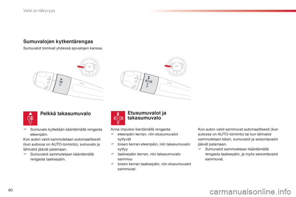CITROEN C4 CACTUS 2018 Omistajan Käsikirjat (in Finnish) 80
C4-cactus_fi_Chap04_Eclairage-et-visibilite_ed01-2016
Sumuvalojen kytkentärengas
Sumuvalot toimivat yhdessä ajovalojen kanssa.
Etusumuvalot ja
takasumuvalo
Kun auton valot sammuvat automaattises CITROEN C4 CACTUS 2018 Omistajan Käsikirjat (in Finnish) 80
C4-cactus_fi_Chap04_Eclairage-et-visibilite_ed01-2016
Sumuvalojen kytkentärengas
Sumuvalot toimivat yhdessä ajovalojen kanssa.
Etusumuvalot ja
takasumuvalo
Kun auton valot sammuvat automaattises