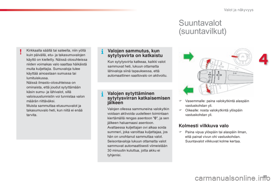 CITROEN C4 CACTUS 2018 Omistajan Käsikirjat (in Finnish) 81
C4-cactus_fi_Chap04_Eclairage-et-visibilite_ed01-2016
Kirkkaalla säällä tai sateella, niin yöllä
kuin päivällä, etu- ja takasumuvalojen
käyttö on kielletty. Näissä olosuhteissa
niide CITROEN C4 CACTUS 2018 Omistajan Käsikirjat (in Finnish) 81
C4-cactus_fi_Chap04_Eclairage-et-visibilite_ed01-2016
Kirkkaalla säällä tai sateella, niin yöllä
kuin päivällä, etu- ja takasumuvalojen
käyttö on kielletty. Näissä olosuhteissa
niide