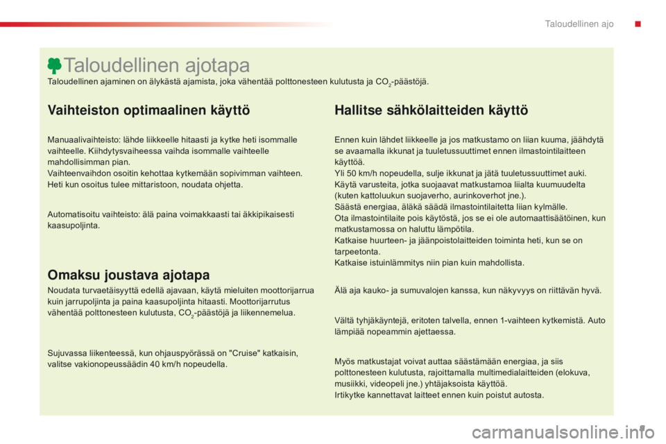 CITROEN C4 CACTUS 2016 Omistajan Käsikirjat (in Finnish) 9
C4-cactus_fi_Chap00c_eco-conduite_ed01-2015
Vaihteiston optimaalinen käyttö
Manuaalivaihteisto: lähde liikkeelle hitaasti ja kytke heti isommalle
vaihteelle. Kiihdytysvaiheessa vaihda isommalle CITROEN C4 CACTUS 2016 Omistajan Käsikirjat (in Finnish) 9
C4-cactus_fi_Chap00c_eco-conduite_ed01-2015
Vaihteiston optimaalinen käyttö
Manuaalivaihteisto: lähde liikkeelle hitaasti ja kytke heti isommalle
vaihteelle. Kiihdytysvaiheessa vaihda isommalle