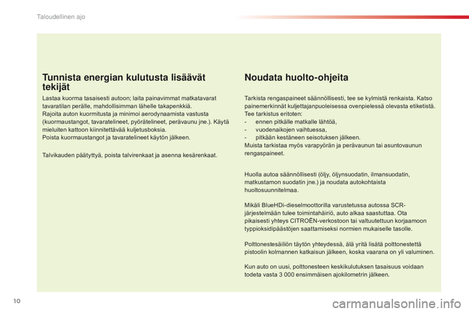 CITROEN C4 CACTUS 2016 Omistajan Käsikirjat (in Finnish) 10
C4-cactus_fi_Chap00c_eco-conduite_ed01-2015
Tunnista energian kulutusta lisäävät
tekijät
Lastaa kuorma tasaisesti autoon; laita painavimmat matkatavarat
tavaratilan perälle, mahdollisimman l CITROEN C4 CACTUS 2016 Omistajan Käsikirjat (in Finnish) 10
C4-cactus_fi_Chap00c_eco-conduite_ed01-2015
Tunnista energian kulutusta lisäävät
tekijät
Lastaa kuorma tasaisesti autoon; laita painavimmat matkatavarat
tavaratilan perälle, mahdollisimman l