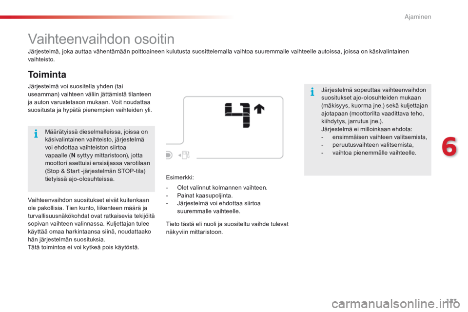 CITROEN C4 CACTUS 2016 Omistajan Käsikirjat (in Finnish) 123
C4-cactus_fi_Chap06_conduite_ed01-2015
To i m i n t a
Vaihteenvaihdon osoitin
Järjestelmä, joka auttaa vähentämään polttoaineen kulutusta suosittelemalla vaihtoa suuremmalle vaihteelle autoi CITROEN C4 CACTUS 2016 Omistajan Käsikirjat (in Finnish) 123
C4-cactus_fi_Chap06_conduite_ed01-2015
To i m i n t a
Vaihteenvaihdon osoitin
Järjestelmä, joka auttaa vähentämään polttoaineen kulutusta suosittelemalla vaihtoa suuremmalle vaihteelle autoi