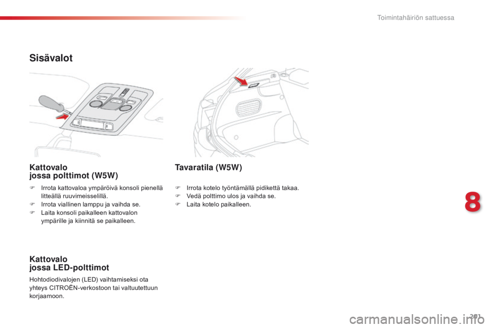 CITROEN C4 CACTUS 2016 Omistajan Käsikirjat (in Finnish) 201
C4-cactus_fi_Chap08_En-cas-de-panne_ed01-2015
F Irrota kattovaloa ympäröivä konsoli pienellä litteällä ruuvimeisselillä.
F
I
rrota viallinen lamppu ja vaihda se.
F
L
aita konsoli paik CITROEN C4 CACTUS 2016 Omistajan Käsikirjat (in Finnish) 201
C4-cactus_fi_Chap08_En-cas-de-panne_ed01-2015
F Irrota kattovaloa ympäröivä konsoli pienellä litteällä ruuvimeisselillä.
F
I
rrota viallinen lamppu ja vaihda se.
F
L
aita konsoli paik