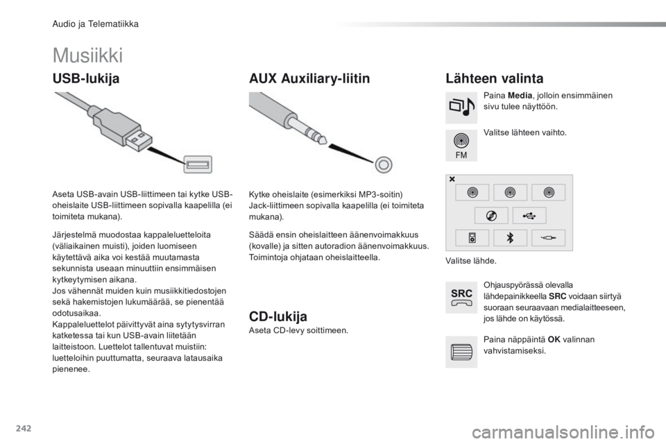 CITROEN C4 CACTUS 2016 Omistajan Käsikirjat (in Finnish) 242
C4-cactus_fi_Chap10b_SMEGplus_ed01-2015
Musiikki
USB-lukijaLähteen valinta
Ohjauspyörässä olevalla
lähdepainikkeella SRC voidaan siirtyä
suoraan seuraavaan medialaitteeseen,
jos lähde on CITROEN C4 CACTUS 2016 Omistajan Käsikirjat (in Finnish) 242
C4-cactus_fi_Chap10b_SMEGplus_ed01-2015
Musiikki
USB-lukijaLähteen valinta
Ohjauspyörässä olevalla
lähdepainikkeella SRC voidaan siirtyä
suoraan seuraavaan medialaitteeseen,
jos lähde on