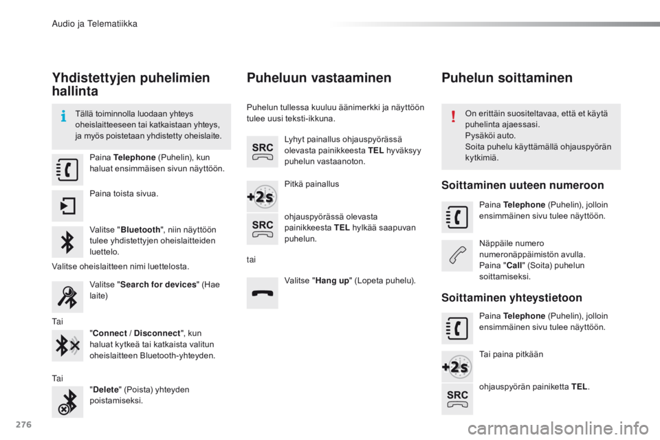 CITROEN C4 CACTUS 2016 Omistajan Käsikirjat (in Finnish) 276
C4-cactus_fi_Chap10b_SMEGplus_ed01-2015
Yhdistettyjen puhelimien
hallinta
Tällä toiminnolla luodaan yhteys
oheislaitteeseen tai katkaistaan yhteys,
ja myös poistetaan yhdistetty oheislaite.O CITROEN C4 CACTUS 2016 Omistajan Käsikirjat (in Finnish) 276
C4-cactus_fi_Chap10b_SMEGplus_ed01-2015
Yhdistettyjen puhelimien
hallinta
Tällä toiminnolla luodaan yhteys
oheislaitteeseen tai katkaistaan yhteys,
ja myös poistetaan yhdistetty oheislaite.O