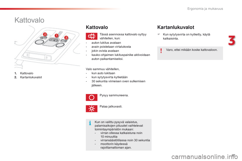 CITROEN C4 CACTUS 2016 Omistajan Käsikirjat (in Finnish) 67
C4-cactus_fi_Chap03_Ergonomie-et-confort_ed01-2015
Kattovalo
1. Kattovalo
2. Kartanlukuvalot F
K
un sytytysvirta on kytketty, käytä
katkaisinta.
Kartanlukuvalot
Kun on valittu pysyvä valaist CITROEN C4 CACTUS 2016 Omistajan Käsikirjat (in Finnish) 67
C4-cactus_fi_Chap03_Ergonomie-et-confort_ed01-2015
Kattovalo
1. Kattovalo
2. Kartanlukuvalot F
K
un sytytysvirta on kytketty, käytä
katkaisinta.
Kartanlukuvalot
Kun on valittu pysyvä valaist