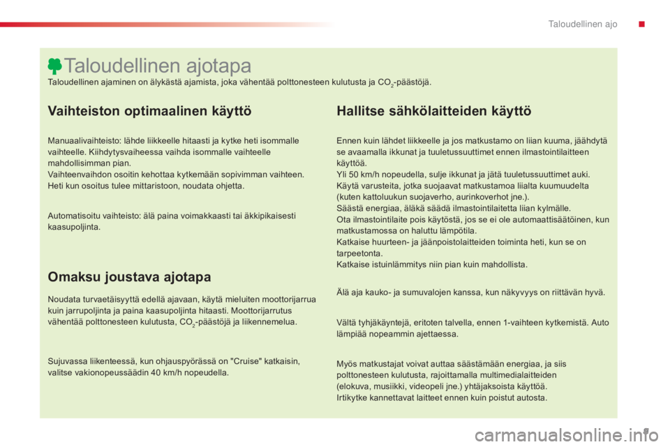 CITROEN C4 CACTUS 2015  Omistajan Käsikirjat (in Finnish) 9
C4-cactus_fi_Chap00c_eco-conduite_ed02-2014
Vaihteiston optimaalinen käyttö
Manuaalivaihteisto: lähde liikkeelle hitaasti ja kytke heti isommalle 
vaihteelle. Kiihdytysvaiheessa vaihda isommalle 