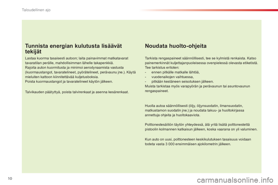 CITROEN C4 CACTUS 2015 Omistajan Käsikirjat (in Finnish) 10
C4-cactus_fi_Chap00c_eco-conduite_ed02-2014
Tunnista energian kulutusta lisäävät
tekijät
Lastaa kuorma tasaisesti autoon; laita painavimmat matkatavarat
tavaratilan perälle, mahdollisimman l CITROEN C4 CACTUS 2015 Omistajan Käsikirjat (in Finnish) 10
C4-cactus_fi_Chap00c_eco-conduite_ed02-2014
Tunnista energian kulutusta lisäävät
tekijät
Lastaa kuorma tasaisesti autoon; laita painavimmat matkatavarat
tavaratilan perälle, mahdollisimman l