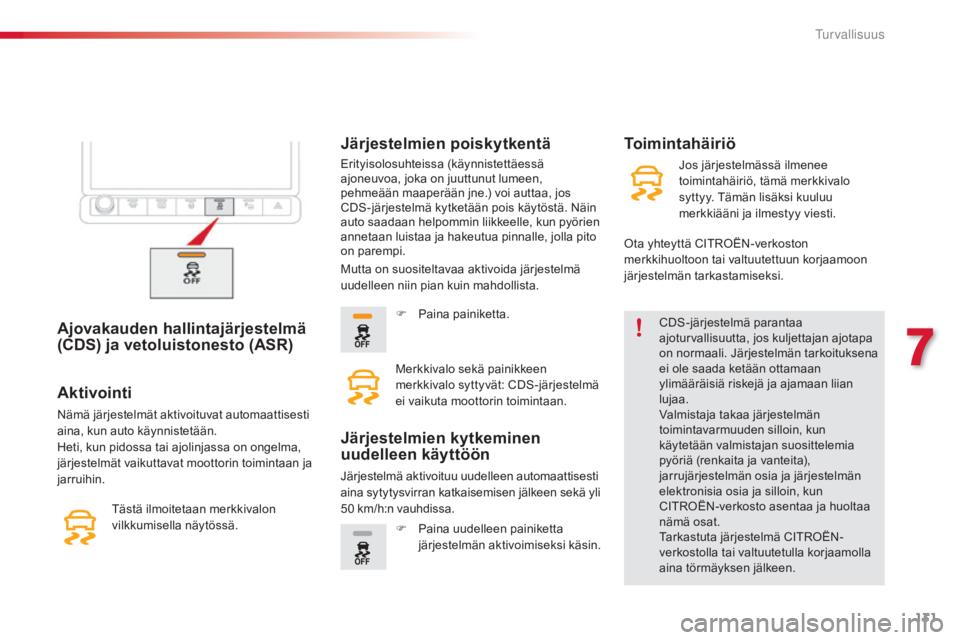 CITROEN C4 CACTUS 2015  Omistajan Käsikirjat (in Finnish) 131
C4-cactus_fi_Chap07_securite_ed02-2014
Ajovakauden hallintajärjestelmä 
(CDS) ja vetoluistonesto (ASR)CDS-järjestelmä parantaa 
ajoturvallisuutta, jos kuljettajan ajotapa 
on normaali. Järjes