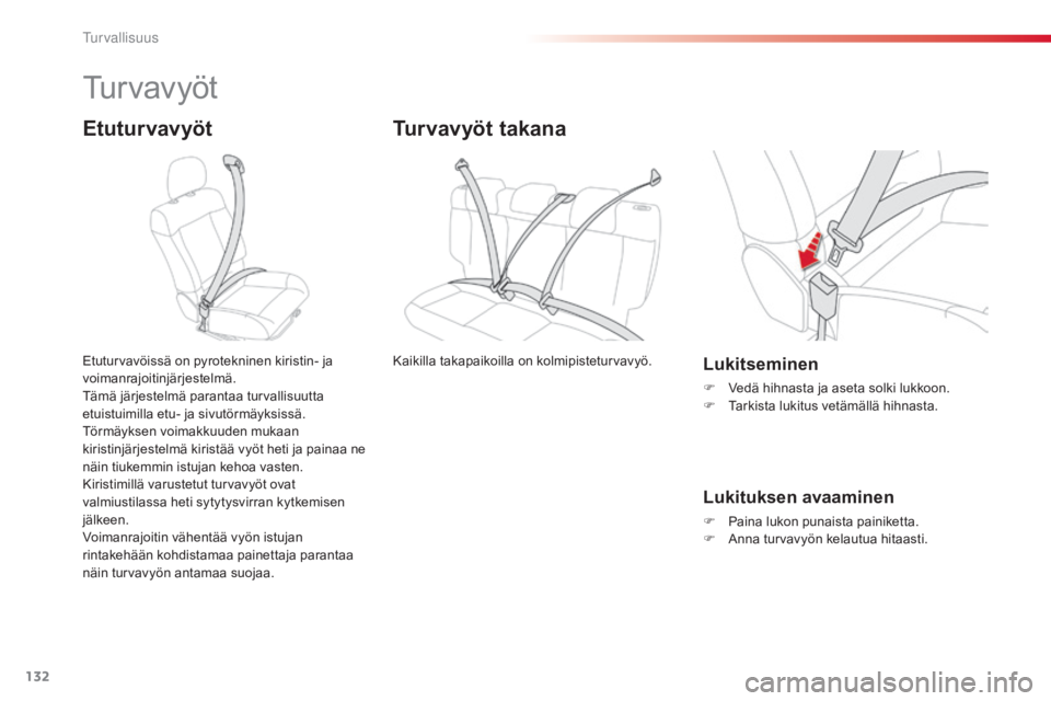 CITROEN C4 CACTUS 2015  Omistajan Käsikirjat (in Finnish) 132
C4-cactus_fi_Chap07_securite_ed02-2014
Tu r v a v y ö t
Etuturvavyöt
Etuturvavöissä on pyrotekninen kiristin- ja 
voimanrajoitinjärjestelmä.
Tämä järjestelmä parantaa turvallisuutta 
etu