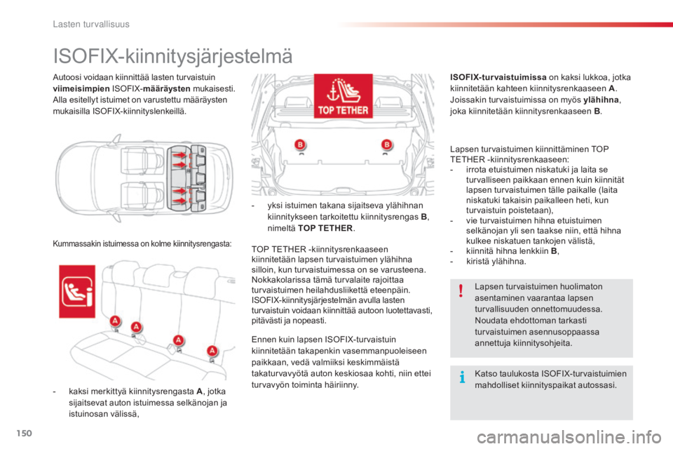 CITROEN C4 CACTUS 2015 Omistajan Käsikirjat (in Finnish) 150
C4-cactus_fi_Chap08_securite-enfants_ed02-2014
Autoosi voidaan kiinnittää lasten turvaistuin
viimeisimpien ISOFIX-määräysten mukaisesti.
Alla esitellyt istuimet on varustettu määräysten CITROEN C4 CACTUS 2015 Omistajan Käsikirjat (in Finnish) 150
C4-cactus_fi_Chap08_securite-enfants_ed02-2014
Autoosi voidaan kiinnittää lasten turvaistuin
viimeisimpien ISOFIX-määräysten mukaisesti.
Alla esitellyt istuimet on varustettu määräysten
