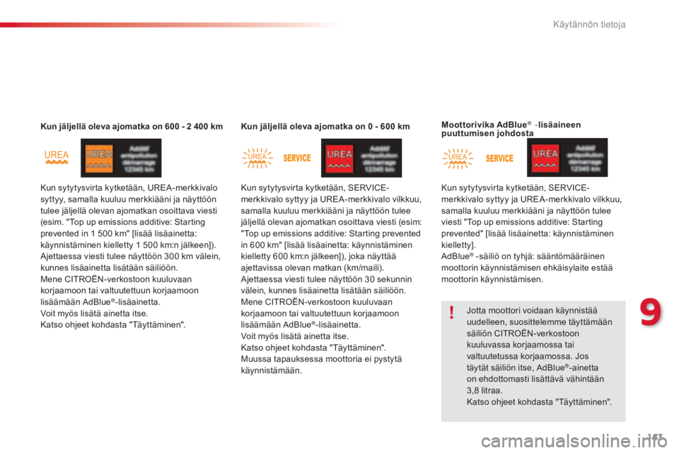 CITROEN C4 CACTUS 2015  Omistajan Käsikirjat (in Finnish) 163
C4-cactus_fi_Chap09_info-pratiques_ed02-2014
Kun jäljellä oleva ajomatka on 600 - 2 400 kmKun j äljellä oleva ajomatka on 0 - 6 00 k mMoottorivika AdBlue®  -
lisäaineen 
puuttumisen johdosta