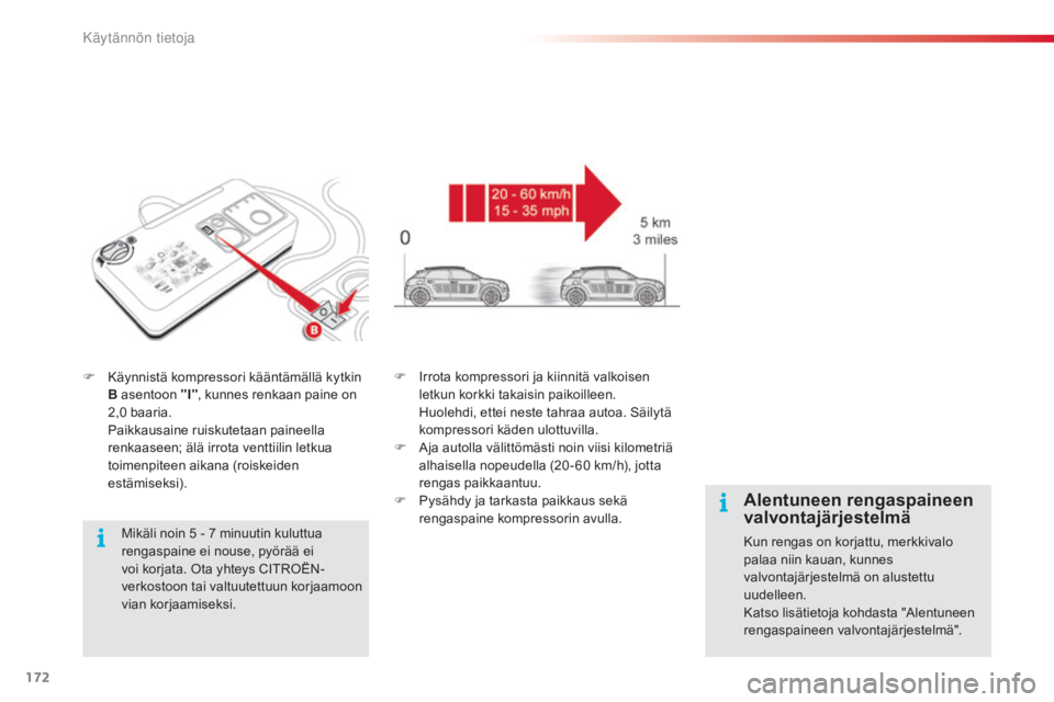 CITROEN C4 CACTUS 2015  Omistajan Käsikirjat (in Finnish) 172
C4-cactus_fi_Chap09_info-pratiques_ed02-2014
F Käynnistä kompressori kääntämällä kytkin 
B asentoon "I" , kunnes renkaan paine on 
2,0
 b

aaria.
 Paik

kausaine ruiskutetaan painee