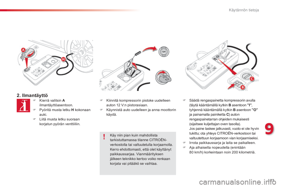 CITROEN C4 CACTUS 2015 Omistajan Käsikirjat (in Finnish) 173
C4-cactus_fi_Chap09_info-pratiques_ed02-2014
2. IlmantäyttöF Kierrä valitsin A
ilmantäyttöasentoon.
F
Py
öritä musta letku H kokonaan
auki.
F
Li
itä musta letku suoraan
korjatun pyà CITROEN C4 CACTUS 2015 Omistajan Käsikirjat (in Finnish) 173
C4-cactus_fi_Chap09_info-pratiques_ed02-2014
2. IlmantäyttöF Kierrä valitsin A
ilmantäyttöasentoon.
F
Py
öritä musta letku H kokonaan
auki.
F
Li
itä musta letku suoraan
korjatun pyÃ