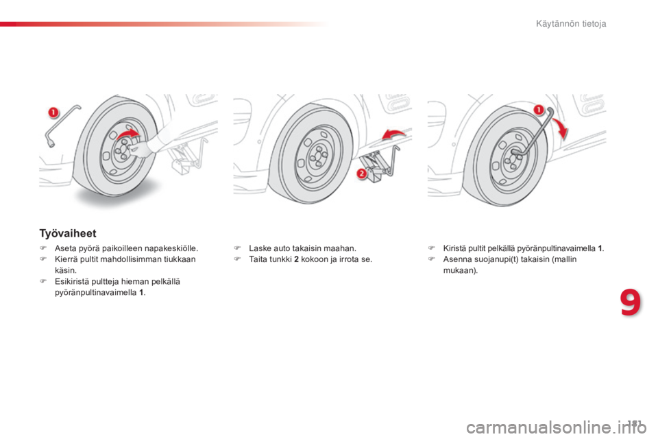 CITROEN C4 CACTUS 2015  Omistajan Käsikirjat (in Finnish) 181
C4-cactus_fi_Chap09_info-pratiques_ed02-2014
Ty ö v a i h e e t
F Aseta pyörä paikoilleen napakeskiölle.
F Ki errä pultit mahdollisimman tiukkaan 
käsin.
F
 Es

ikiristä pultteja hieman pel