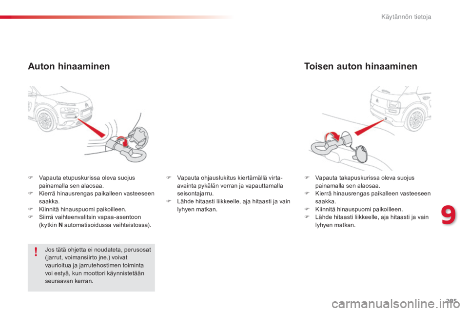 CITROEN C4 CACTUS 2015 Omistajan Käsikirjat (in Finnish) 205
C4-cactus_fi_Chap09_info-pratiques_ed02-2014
Toisen auton hinaaminen
F Vapauta takapuskurissa oleva suojus
painamalla sen alaosaa.
F
Ki
errä hinausrengas paikalleen vasteeseen
saakka.
F
Ki
CITROEN C4 CACTUS 2015 Omistajan Käsikirjat (in Finnish) 205
C4-cactus_fi_Chap09_info-pratiques_ed02-2014
Toisen auton hinaaminen
F Vapauta takapuskurissa oleva suojus
painamalla sen alaosaa.
F
Ki
errä hinausrengas paikalleen vasteeseen
saakka.
F
Ki