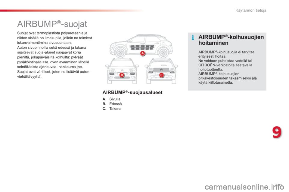 CITROEN C4 CACTUS 2015  Omistajan Käsikirjat (in Finnish) 211
C4-cactus_fi_Chap09_info-pratiques_ed02-2014
Suojat ovat termoplastista polyuretaania ja 
niiden sisällä on ilmakuplia, jolloin ne toimivat 
iskunvaimentimina sivusuuntaan.
Auton sivupinnoilla s CITROEN C4 CACTUS 2015  Omistajan Käsikirjat (in Finnish) 211
C4-cactus_fi_Chap09_info-pratiques_ed02-2014
Suojat ovat termoplastista polyuretaania ja 
niiden sisällä on ilmakuplia, jolloin ne toimivat 
iskunvaimentimina sivusuuntaan.
Auton sivupinnoilla s