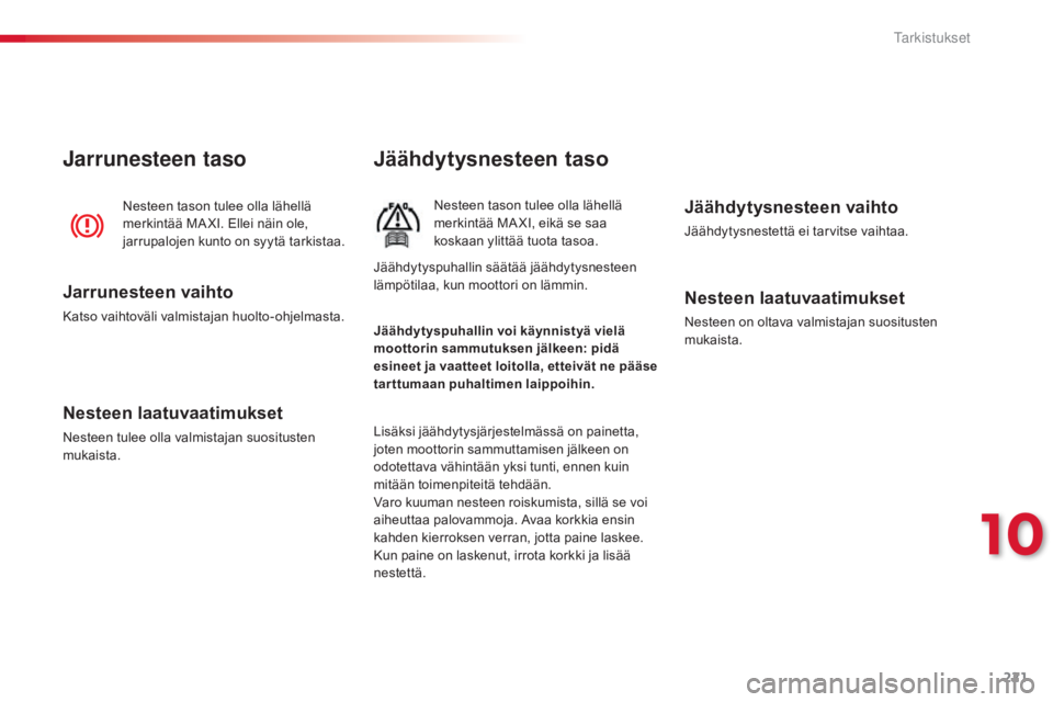 CITROEN C4 CACTUS 2015  Omistajan Käsikirjat (in Finnish) 221
C4-cactus_fi_Chap10_verifications_ed02-2014
Jäähdytysnesteen taso
Nesteen tason tulee olla lähellä 
merkintää MA XI, eikä se saa 
koskaan ylittää tuota tasoa.
Lisäksi jäähdytysjärjest CITROEN C4 CACTUS 2015  Omistajan Käsikirjat (in Finnish) 221
C4-cactus_fi_Chap10_verifications_ed02-2014
Jäähdytysnesteen taso
Nesteen tason tulee olla lähellä 
merkintää MA XI, eikä se saa 
koskaan ylittää tuota tasoa.
Lisäksi jäähdytysjärjest