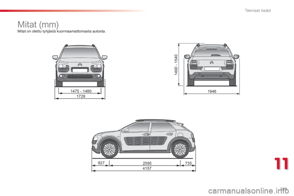 CITROEN C4 CACTUS 2015 Omistajan Käsikirjat (in Finnish) 229
C4-cactus_fi_Chap11_caracteristiques-techniques_ed02-2014
Mitat (mm)Mitat on otettu tyhjästä kuormaamattomasta autosta.
11
T CITROEN C4 CACTUS 2015 Omistajan Käsikirjat (in Finnish) 229
C4-cactus_fi_Chap11_caracteristiques-techniques_ed02-2014
Mitat (mm)Mitat on otettu tyhjästä kuormaamattomasta autosta.
11
T