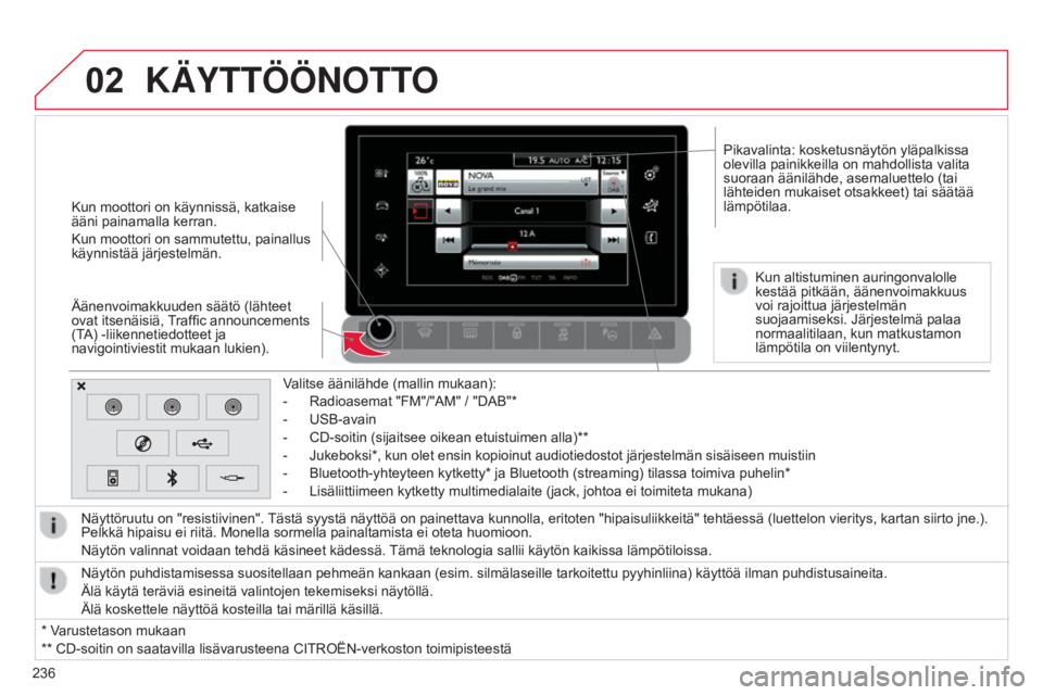 CITROEN C4 CACTUS 2015 Omistajan Käsikirjat (in Finnish) 02
236Valitse äänilähde (mallin mukaan):
-
Radioasemat "FM"/"AM" / "DAB"*
-
USB-avain
-
CD-soitin (sijaitsee oikean etuistuimen alla)**
-
Jukeboksi*, kun olet ensin kopi CITROEN C4 CACTUS 2015 Omistajan Käsikirjat (in Finnish) 02
236Valitse äänilähde (mallin mukaan):
-
Radioasemat "FM"/"AM" / "DAB"*
-
USB-avain
-
CD-soitin (sijaitsee oikean etuistuimen alla)**
-
Jukeboksi*, kun olet ensin kopi