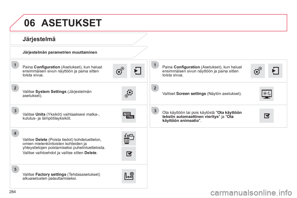CITROEN C4 CACTUS 2015  Omistajan Käsikirjat (in Finnish) 06
Järjestelmän parametrien muuttaminen
Järjestelmä
Valitse System Settings (Järjestelmän 
asetukset). Paina Configuration (Asetukset), kun haluat 
ensimmäisen sivun näyttöön ja paina sitten