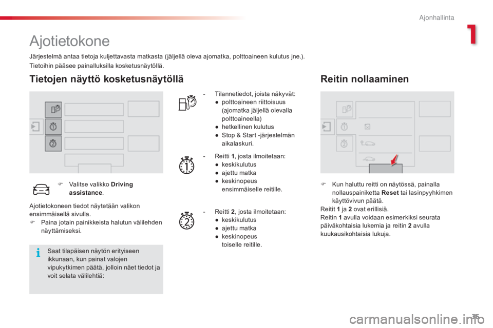 CITROEN C4 CACTUS 2015  Omistajan Käsikirjat (in Finnish) 35
C4-cactus_fi_Chap01_controle-de-marche_ed02-2014
Ajotietokone
Järjestelmä antaa tietoja kuljettavasta matkasta ( jäljellä oleva ajomatka, polttoaineen kulutus jne.).
Tietojen näyttö kosketusn