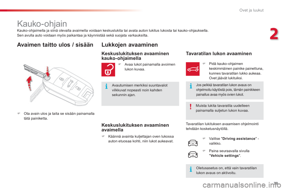 CITROEN C4 CACTUS 2015  Omistajan Käsikirjat (in Finnish) 39
C4-cactus_fi_Chap02_ouvertures_ed02-2014
Kauko-ohjaimella ja siinä olevalla avaimella voidaan keskuslukita tai avata auton lukitus lukosta tai kauko-ohjauksella.
Sen avulla auto voidaan myös paik