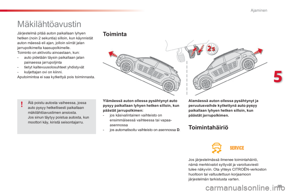 CITROEN C4 CACTUS 2015  Omistajan Käsikirjat (in Finnish) 89
C4-cactus_fi_Chap05_conduite_ed02-2014
Mäkilähtöavustin
Järjestelmä pitää auton paikallaan lyhyen 
hetken (noin 2 sekuntia) silloin, kun käynnistät 
auton mäessä eli ajan, jolloin siirr