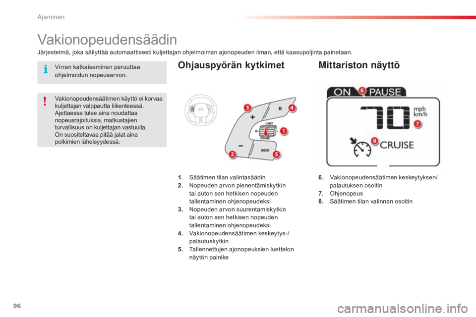 CITROEN C4 CACTUS 2015  Omistajan Käsikirjat (in Finnish) 96
C4-cactus_fi_Chap05_conduite_ed02-2014
Ohjauspyörän kytkimet
6.   Vakionopeudensäätimen keskeytyksen/
pala
utuksen osoitin
7.  
 Oh

jenopeus
8.  
 Sä

ätimen tilan valinnan osoitin
Vakionope