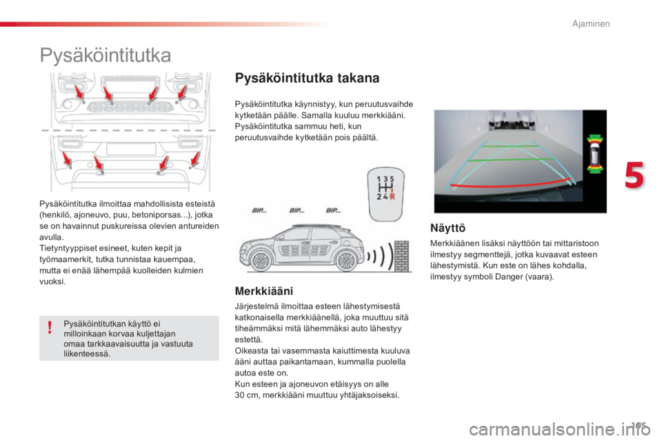CITROEN C4 CACTUS 2014 Omistajan Käsikirjat (in Finnish) 105
E3_fi_Chap05_conduite_ed01-2014
Pysäköintitutka ilmoittaa mahdollisista esteistä
(henkilö, ajoneuvo, puu, betoniporsas...), jotka
se on havainnut puskureissa olevien antureiden
avulla.
Tiet CITROEN C4 CACTUS 2014 Omistajan Käsikirjat (in Finnish) 105
E3_fi_Chap05_conduite_ed01-2014
Pysäköintitutka ilmoittaa mahdollisista esteistä
(henkilö, ajoneuvo, puu, betoniporsas...), jotka
se on havainnut puskureissa olevien antureiden
avulla.
Tiet