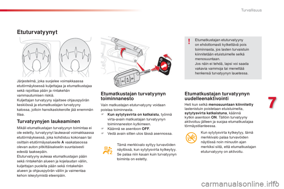 CITROEN C4 CACTUS 2014 Omistajan Käsikirjat (in Finnish) 141
E3_fi_Chap07_securite_ed01-2014
Etumatkustajan turvatyynyn
toiminnanesto
Vain matkustajan etuturvatyyny voidaan
poistaa toiminnasta.
F
Ku
n sytytysvir ta on katkaistu , työnnä
virta-avain m CITROEN C4 CACTUS 2014 Omistajan Käsikirjat (in Finnish) 141
E3_fi_Chap07_securite_ed01-2014
Etumatkustajan turvatyynyn
toiminnanesto
Vain matkustajan etuturvatyyny voidaan
poistaa toiminnasta.
F
Ku
n sytytysvir ta on katkaistu , työnnä
virta-avain m