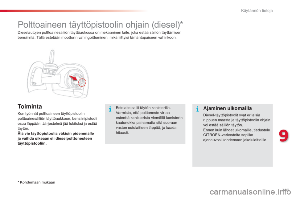 CITROEN C4 CACTUS 2014 Omistajan Käsikirjat (in Finnish) 163
E3_fi_Chap09_info_pratiques_ed01-2014
Polttoaineen täyttöpistoolin ohjain (diesel)*
To i m i n t a
Kun työnnät polttoaineen täyttöpistoolin
polttoainesäiliön täyttöaukkoon, bensiinipist CITROEN C4 CACTUS 2014 Omistajan Käsikirjat (in Finnish) 163
E3_fi_Chap09_info_pratiques_ed01-2014
Polttoaineen täyttöpistoolin ohjain (diesel)*
To i m i n t a
Kun työnnät polttoaineen täyttöpistoolin
polttoainesäiliön täyttöaukkoon, bensiinipist