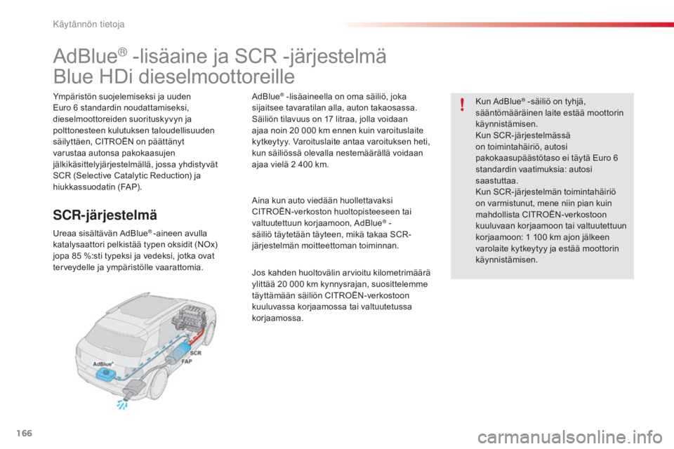 CITROEN C4 CACTUS 2014 Omistajan Käsikirjat (in Finnish) 166
E3_fi_Chap09_info_pratiques_ed01-2014
AdBlue® -lisäaine ja SCR -järjestelmä
Blue HDi dieselmoottoreille
Ympäristön suojelemiseksi ja uuden
Euro 6
standardin noudattamiseksi,
dieselmootto CITROEN C4 CACTUS 2014 Omistajan Käsikirjat (in Finnish) 166
E3_fi_Chap09_info_pratiques_ed01-2014
AdBlue® -lisäaine ja SCR -järjestelmä
Blue HDi dieselmoottoreille
Ympäristön suojelemiseksi ja uuden
Euro 6
standardin noudattamiseksi,
dieselmootto