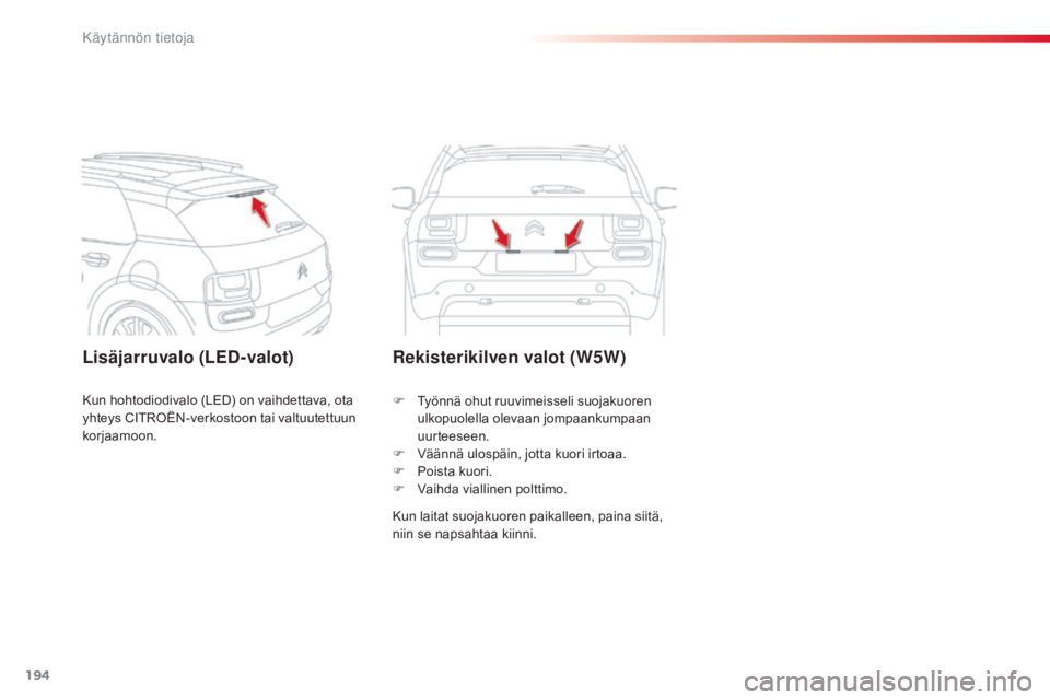 CITROEN C4 CACTUS 2014 Omistajan Käsikirjat (in Finnish) 194
E3_fi_Chap09_info_pratiques_ed01-2014
Lisäjarruvalo (LED-valot)Rekisterikilven valot (W5W)
Kun laitat suojakuoren paikalleen, paina siitä,
niin se napsahtaa kiinni. F
T
yönnä ohut ruuvimeis CITROEN C4 CACTUS 2014 Omistajan Käsikirjat (in Finnish) 194
E3_fi_Chap09_info_pratiques_ed01-2014
Lisäjarruvalo (LED-valot)Rekisterikilven valot (W5W)
Kun laitat suojakuoren paikalleen, paina siitä,
niin se napsahtaa kiinni. F
T
yönnä ohut ruuvimeis