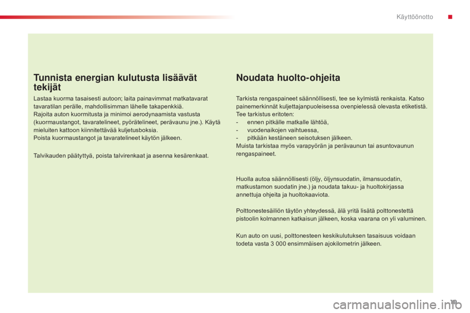 CITROEN C4 CACTUS 2014  Omistajan Käsikirjat (in Finnish) 19
E3_fi_Chap00b_prise-en-main_ed01-2014
Tunnista energian kulutusta lisäävät 
tekijät
Lastaa kuorma tasaisesti autoon; laita painavimmat matkatavarat 
tavaratilan perälle, mahdollisimman lähell