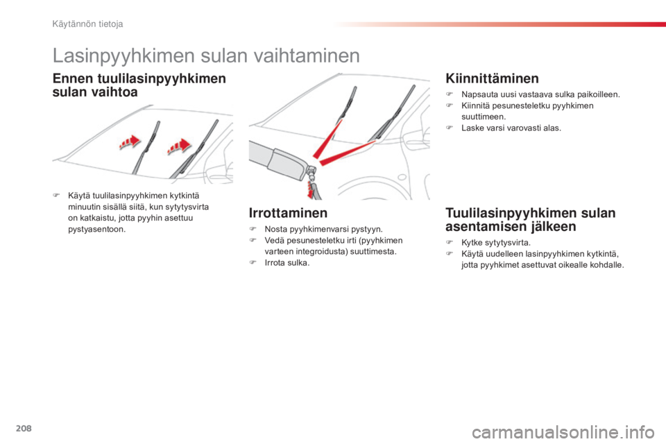 CITROEN C4 CACTUS 2014 Omistajan Käsikirjat (in Finnish) 208
E3_fi_Chap09_info_pratiques_ed01-2014
Lasinpyyhkimen sulan vaihtaminen
F Käytä tuulilasinpyyhkimen kytkintä minuutin sisällä siitä, kun sytytysvirta
on katkaistu, jotta pyyhin asettuu
pyst CITROEN C4 CACTUS 2014 Omistajan Käsikirjat (in Finnish) 208
E3_fi_Chap09_info_pratiques_ed01-2014
Lasinpyyhkimen sulan vaihtaminen
F Käytä tuulilasinpyyhkimen kytkintä minuutin sisällä siitä, kun sytytysvirta
on katkaistu, jotta pyyhin asettuu
pyst