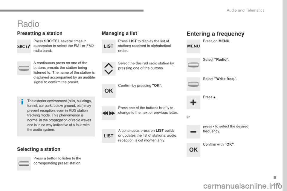 Citroen C ZERO 2017 1.G User Guide 147
C-Zero_en_Chap10a_RDE2_ed01-2016
Radio
Presetting a station
Selecting a stationManaging a listEntering a frequency
Press SRC/TEL
several times in
succession to select the FM1 or FM2
radio band. Citroen C ZERO 2017 1.G User Guide 147
C-Zero_en_Chap10a_RDE2_ed01-2016
Radio
Presetting a station
Selecting a stationManaging a listEntering a frequency
Press SRC/TEL
several times in
succession to select the FM1 or FM2
radio band.