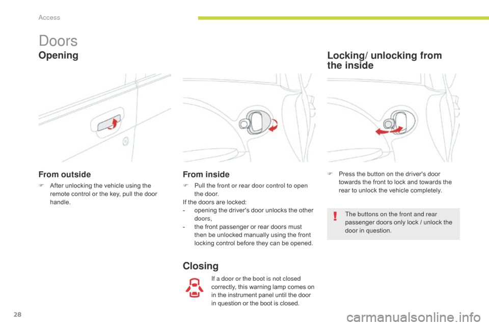 Citroen C ZERO 2017 1.G Owners Manual 28
C-Zero_en_Chap02_ouvertures_ed01-2016
Doors
From outside
F After unlocking the vehicle using the remote control or the key, pull the door 
handle.
From inside
F Pull the front or rear door control 