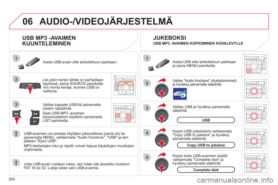 CITROEN C4 PICASSO 2013  Omistajan Käsikirjat (in Finnish) 254
06
1
2
4
3
5
1
2
3
AUDIO-/VIDEOJÄRJESTELMÄ
   
 
 
 
 
 
 
 
 
USB MP3 -AVAIMEN 
KUUNTELEMINEN 
Jos jokin toinen lähde on parhaillaankäytössä, paina SOURCE-painiketta 
niin monta kertaa, kun