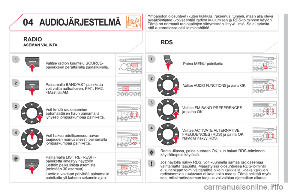 CITROEN C4 PICASSO 2013  Omistajan Käsikirjat (in Finnish) 311
04
1
2
3
4
1
2
3
4
SOURCE
BANDAST
LISTREFRESH
MENU
  AUDIOJÄRJESTELMÄ
 
Valitse radion kuuntelu SOURCE-painikkeen perättäisillä painalluksilla.
   
Painamalla BAND
/AST-painiketta
voit valita