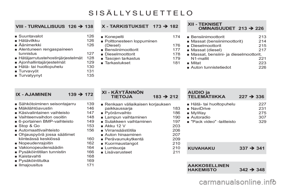 CITROEN C4 PICASSO 2013  Omistajan Käsikirjat (in Finnish) SISÄLLYSLUETTELO
3 
Suuntavalot 126Hätävilkku 126Äänimerkki 126Alentuneen rengaspaineen
tunnistus 127Hätäjarrutustehostinjärjestelmät 128Ajonhallintajärjestelmät 129Hätä- tai huoltopuhelu