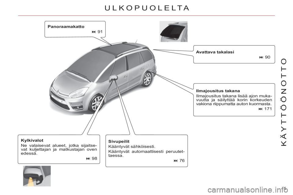 CITROEN C4 PICASSO 2013  Omistajan Käsikirjat (in Finnish) 5 
KÄYTTÖÖNOTTO
   
Panoraamakatto 
 
   
 
� 
 91  
   
Avattava takalasi 
 
   
 
� 
 90  
   
Ilmajousitus takana 
 
  Ilmajousitus takana lisää ajon muka-
vuutta ja säilyttää korin korke