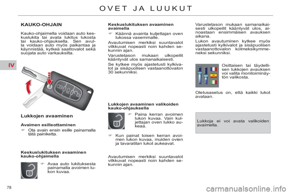 CITROEN C4 PICASSO 2013  Omistajan Käsikirjat (in Finnish) IV
78 
OVET JA LUUKUT
KAUKO-OHJAIN 
  Kauko-ohjaimella voidaan auto kes-
kuslukita tai avata lukitus lukosta 
tai kauko-ohjauksella. Sen avul-
la voidaan auto myös paikantaa ja 
käynnistää, kytke