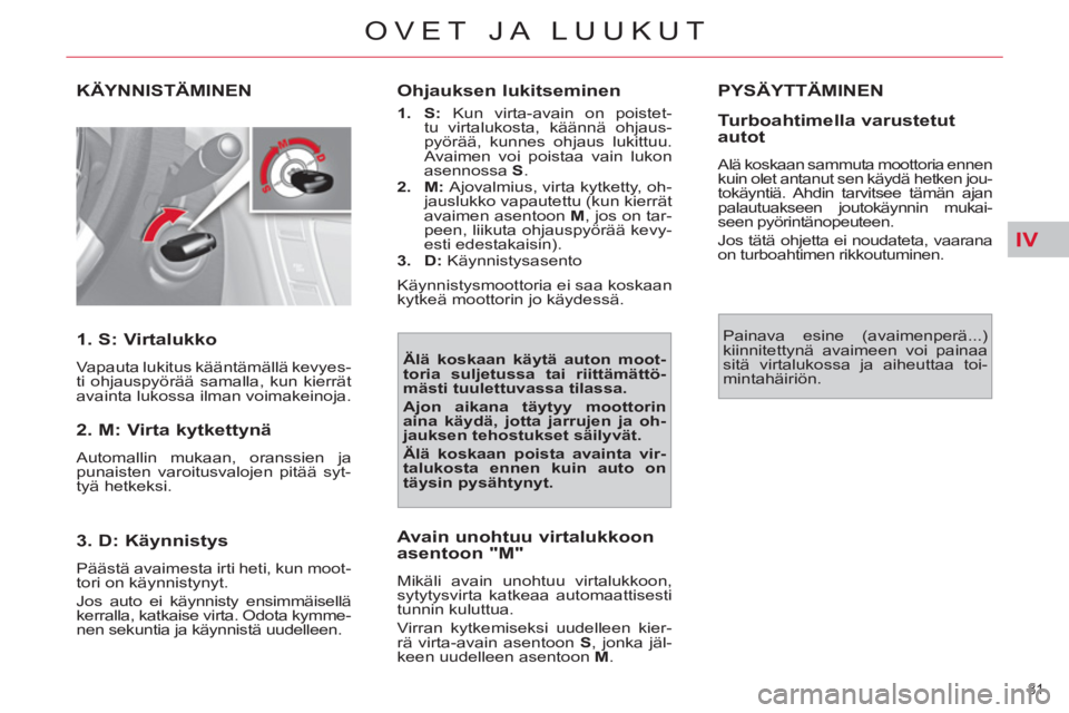 CITROEN C4 PICASSO 2013  Omistajan Käsikirjat (in Finnish) IV
81 
OVET JA LUUKUT
KÄYNNISTÄMINEN
   
1. S: Virtalukko 
 
Vapauta lukitus kääntämällä kevyes-
ti ohjauspyörää samalla, kun kierrät 
avainta lukossa ilman voimakeinoja.  
 
 
2. M: Virta 