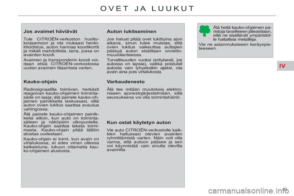 CITROEN C4 PICASSO 2013  Omistajan Käsikirjat (in Finnish) IV
83 
OVET JA LUUKUT
   
 
 
 
 
 
 
 
 
 
 
 
 
 
Jos avaimet häviävät 
 
Tule CITROËN-verkoston huolto-
korjaamoon ja ota mukaasi henki-
lötodistus, auton harmaa koodikortti 
ja mikäli mahdol