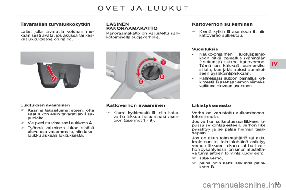 CITROEN C4 PICASSO 2013  Omistajan Käsikirjat (in Finnish) IV
91 
OVET JA LUUKUT
   
 
 
 
 
 
Tavaratilan turvalukkokytkin 
 
Laite, jolla tavaratila voidaan me-
kaanisesti avata, jos akussa tai kes-
kuslukituksessa on häiriö. 
   
Lukituksen avaaminen 
  