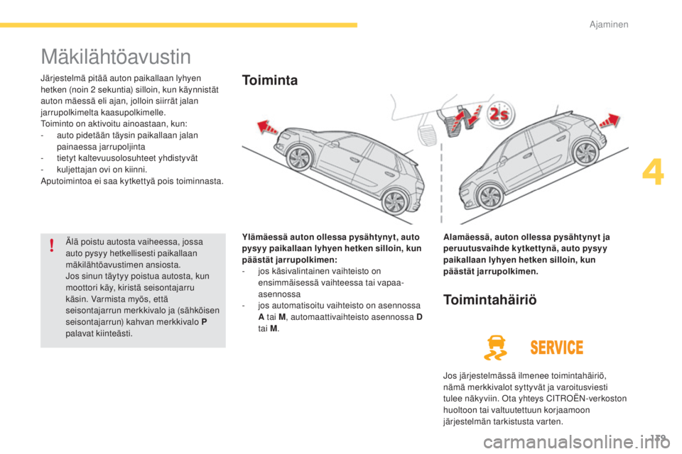 CITROEN C4 PICASSO 2015  Omistajan Käsikirjat (in Finnish) 139
C4-Picasso-II_fi_Chap04_conduite_ed01-2014
Mäkilähtöavustin
järjestelmä pitää auton paikallaan lyhyen 
h etken (noin 2 s ekuntia) silloin, kun käynnistät 
auton mäessä eli ajan, jolloin
