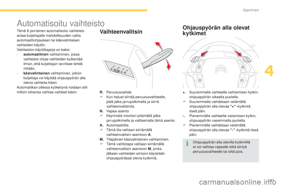 CITROEN C4 PICASSO 2015  Omistajan Käsikirjat (in Finnish) 141
C4-Picasso-II_fi_Chap04_conduite_ed01-2014
automatisoitu vaihteisto
tämä 6-portainen automatisoitu vaihteisto 
an taa kuljettajalle mahdollisuuden valita 
automaattiohjauksen tai käsivalintaise