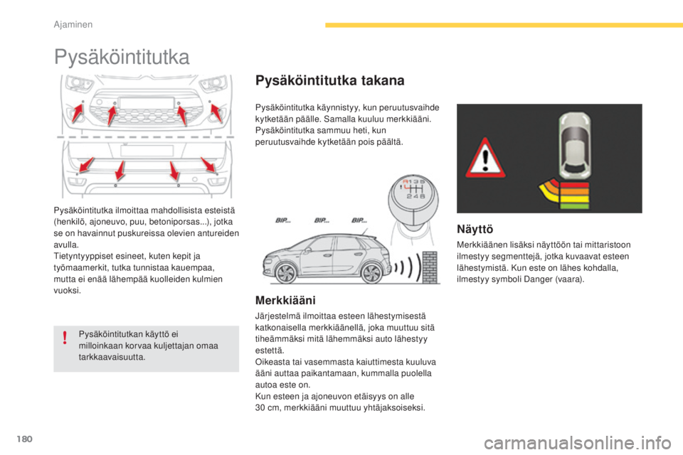 CITROEN C4 PICASSO 2015  Omistajan Käsikirjat (in Finnish) 180
C4-Picasso-II_fi_Chap04_conduite_ed01-2014
Pysäköintitutka ilmoittaa mahdollisista esteistä 
(henkilö, ajoneuvo, puu, betoniporsas...), jotka 
se on havainnut puskureissa olevien antureiden 
a