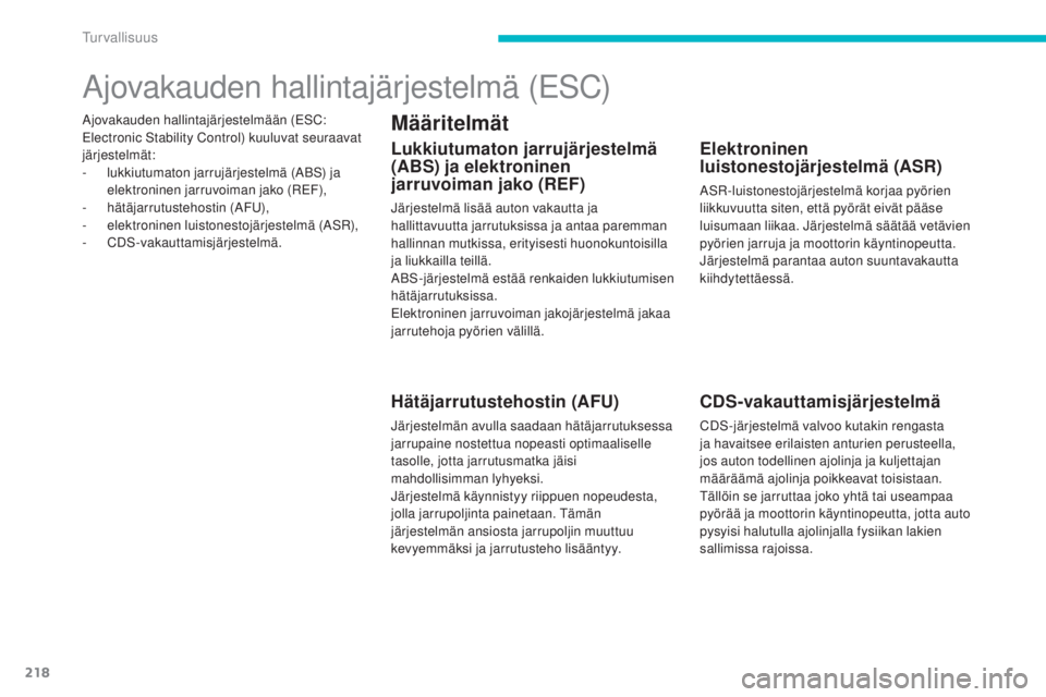 CITROEN C4 PICASSO 2015  Omistajan Käsikirjat (in Finnish) 218
C4-Picasso-II_fi_Chap06_securite_ed01-2014
ajovakauden hallintajärjestelmään (esC: ele
ctronic sta bility Control) kuuluvat seuraavat 
järjestelmät:
-
 lu

kkiutumaton jarrujärjestelmä (
ab